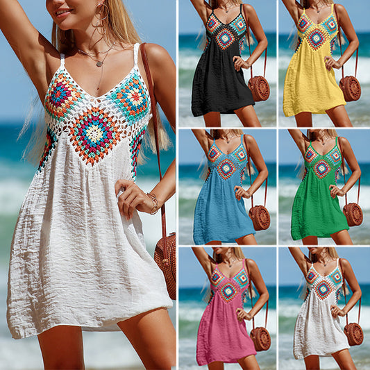 Summer Sleeveless Dress Bohemia Stitching V-neck Hollow Beach Dress