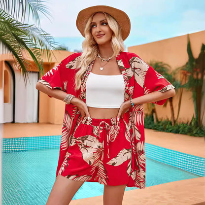 2pcs Casual Holiday Leaves Print Suit Summer Shirt Top And Shorts Sets