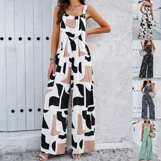 Fashion Print Square Neck Jumpsuit With Pockets Spring Summer Casual Loose Overalls