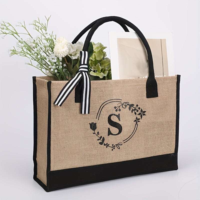 Large Capacity Portable Printing Initial Letter Jute Linen Shopping Bag