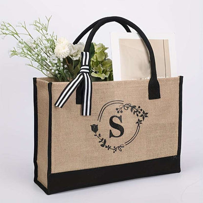 Large Capacity Portable Printing Initial Letter Jute Linen Shopping Bag