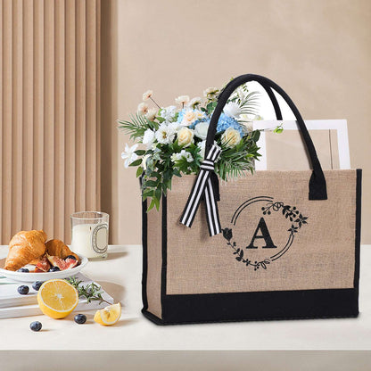 Large Capacity Portable Printing Initial Letter Jute Linen Shopping Bag