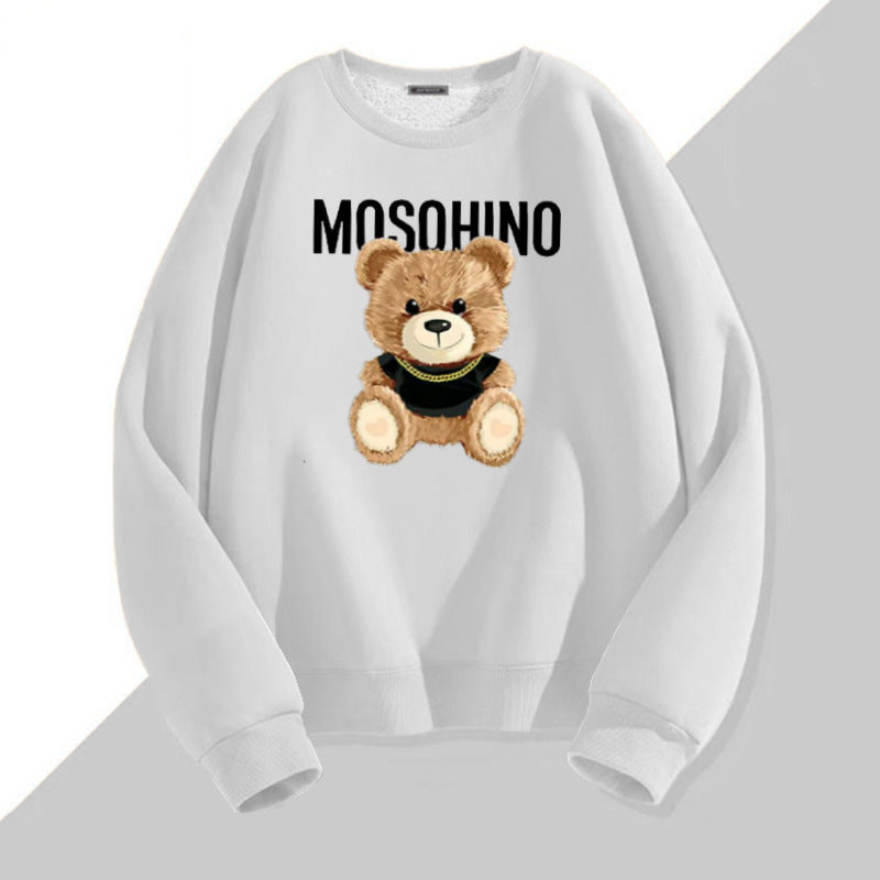 Bear Printed White All-matching Unisex Sweatshirt