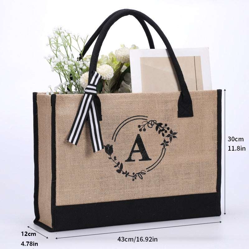 Large Capacity Portable Printing Initial Letter Jute Linen Shopping Bag