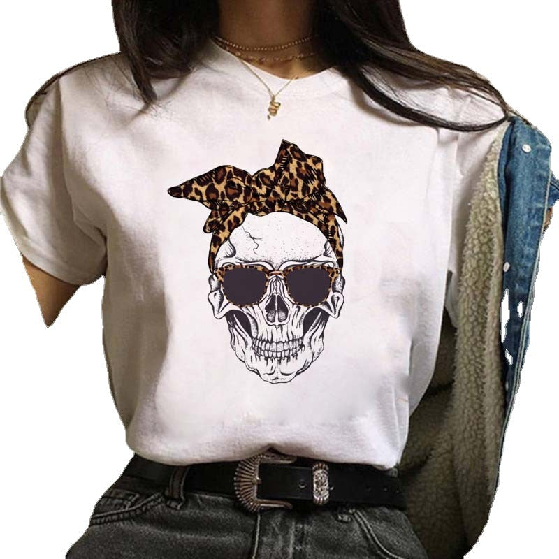 Women's Floral Skull Trendy Base Shirt - White Printed Top