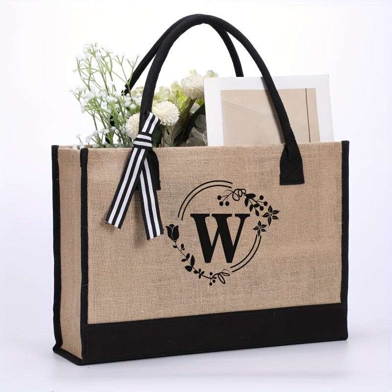 Large Capacity Portable Printing Initial Letter Jute Linen Shopping Bag