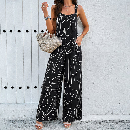 Fashion Print Square Neck Jumpsuit With Pockets Spring Summer Casual Loose Overalls