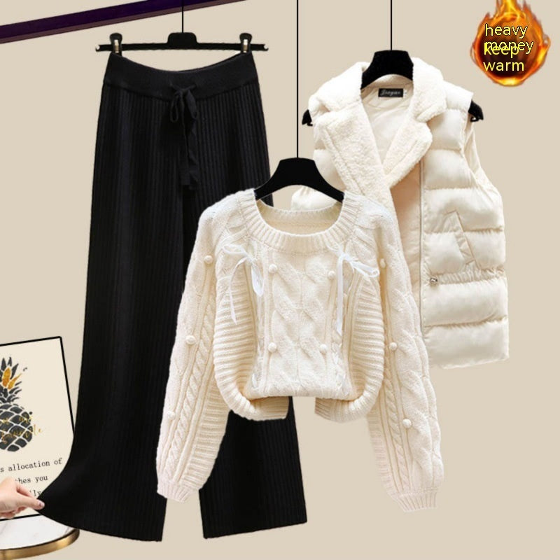 Three-piece Vest Thickened Sweater Wide-leg Pants Women's Suit