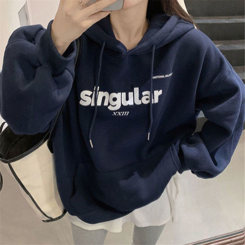 Women's Navy Blue Loose Top Hooded Coat Sweater