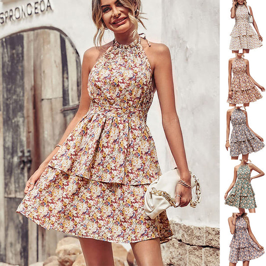 Summer Printed Halter Dress Fashion Boho Backless Ruffled A-Line Dresses