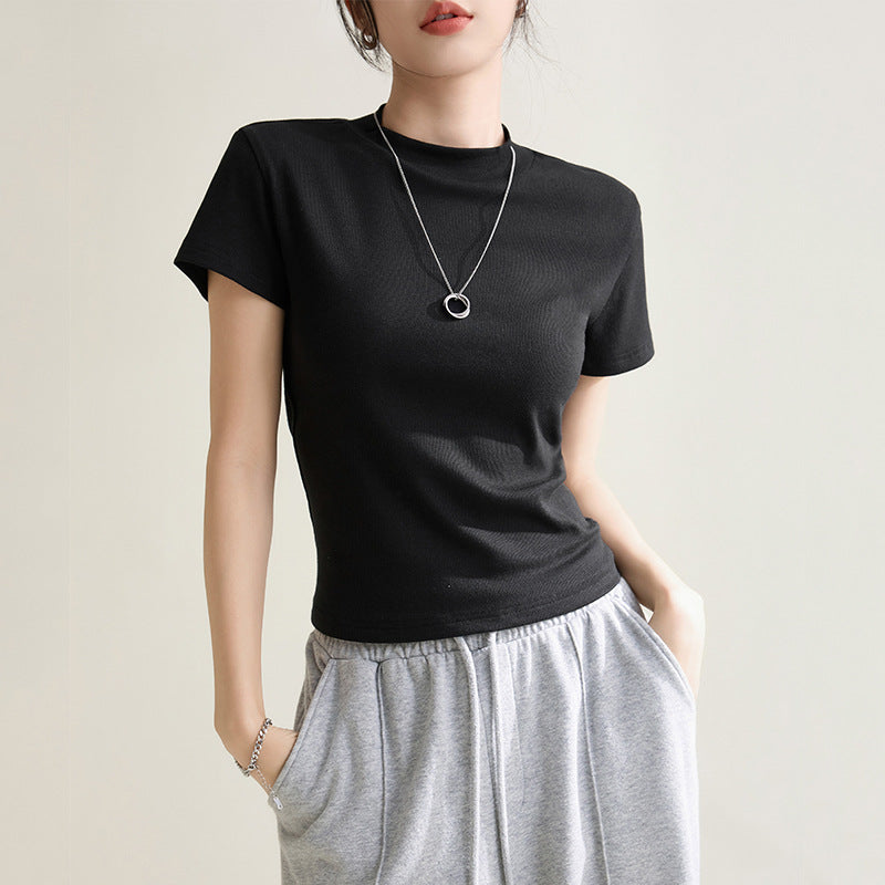 Elegant Slim-fit Solid Color Shoulder Round Neck Short Sleeve 