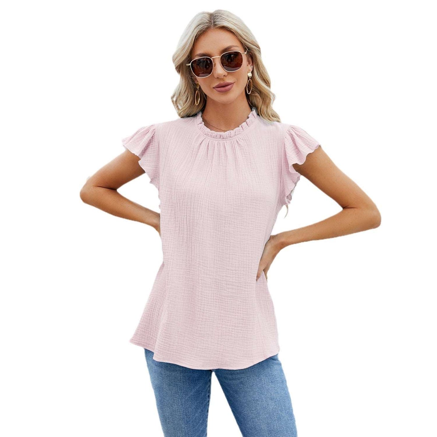 Pink Solid Color Pleated Casual Short-sleeved Women's Top