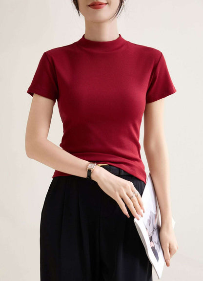 Elegant Slim-fit Solid Color Shoulder Round Neck Short Sleeve