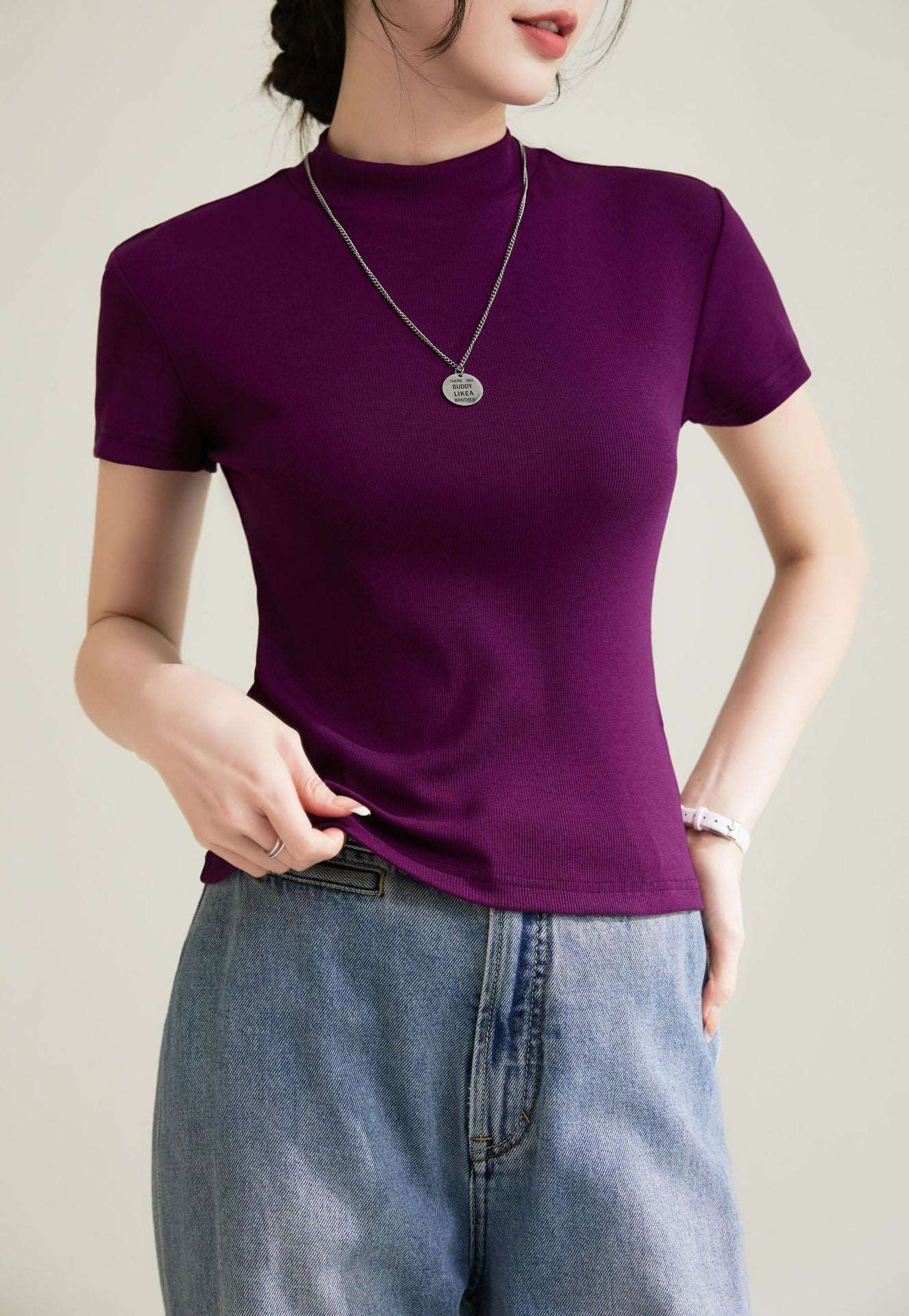 Elegant Slim-fit Solid Color Shoulder Round Neck Short Sleeve