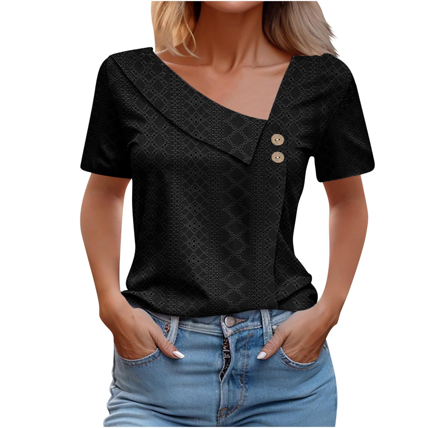 Summer V-neck Button Solid Color Loose Women's Short Sleeved T-shirts