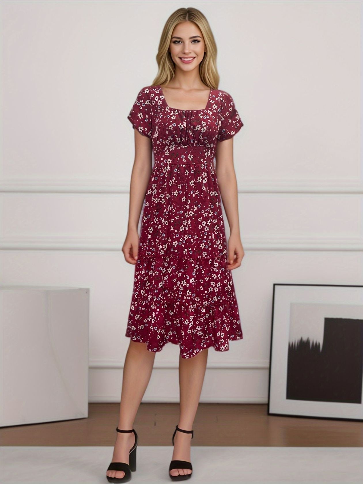 Square Collar Short Sleeve Dress Summer Puff Floral Printed Dress Long Dresses