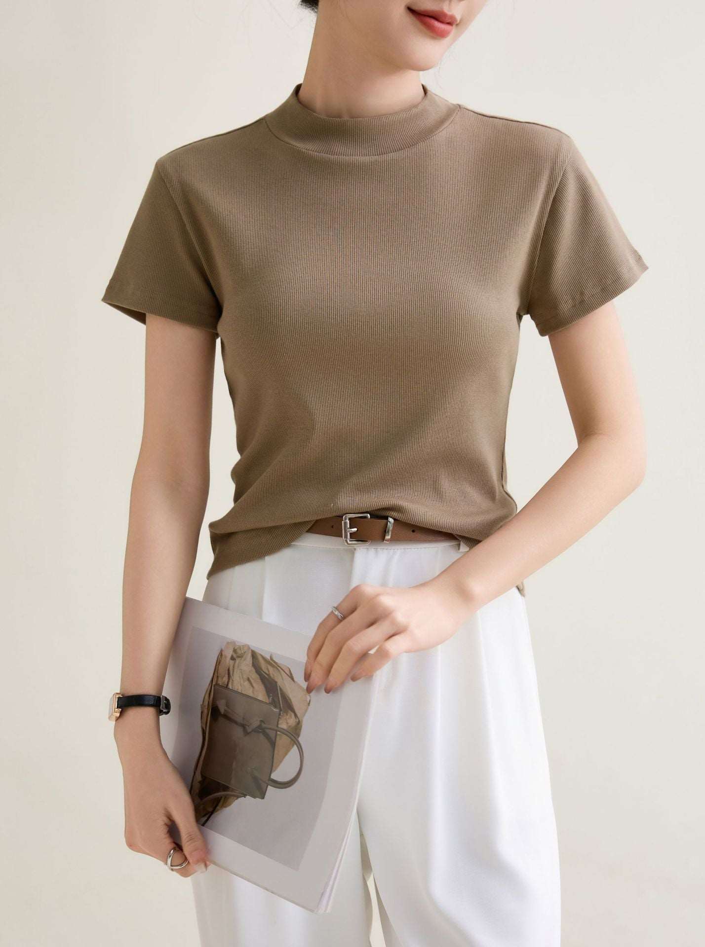 Elegant Slim-fit Solid Color Shoulder Round Neck Short Sleeve