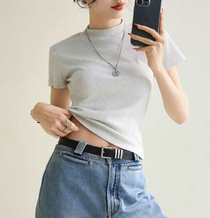 Elegant Slim-fit Solid Color Shoulder Round Neck Short Sleeve