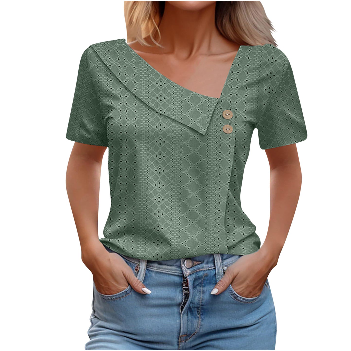 Summer V-neck Button Solid Color Loose Women's Short Sleeved T-shirts