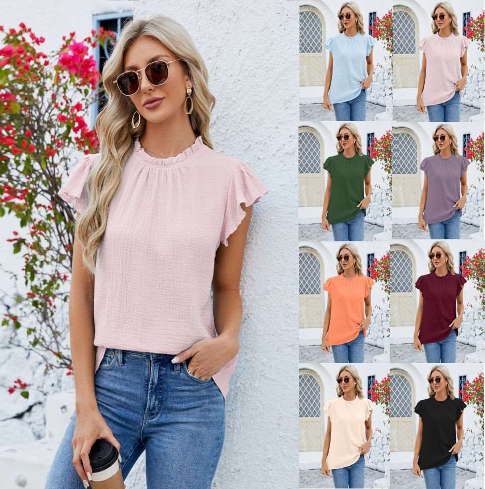 Pink color Solid Color Pleated Casual Short-sleeved Women's Top