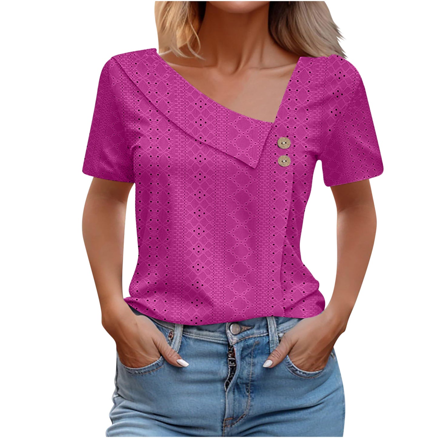 Summer V-neck Button Solid Color Loose Women's Short Sleeved T-shirts