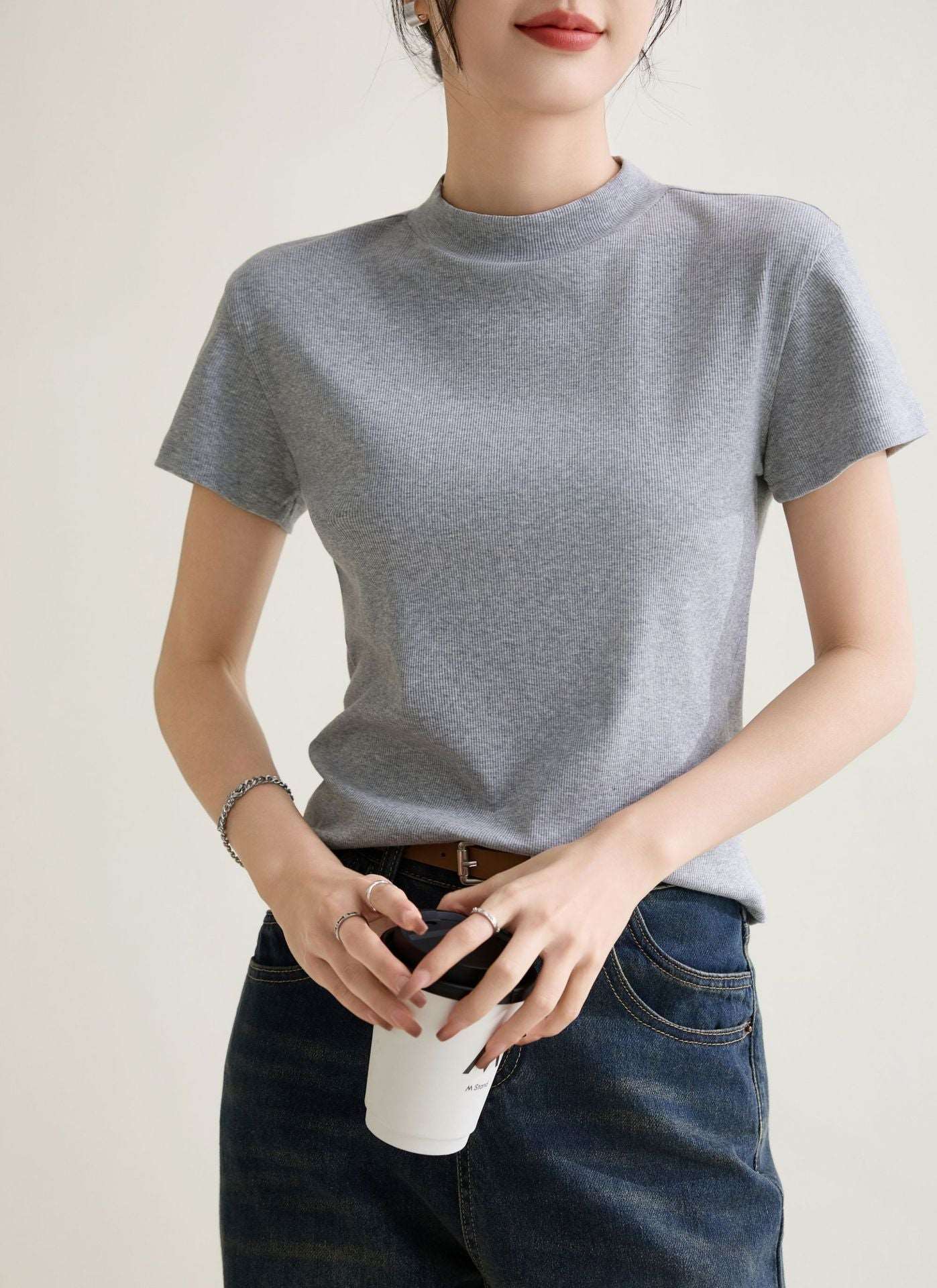 Elegant Slim-fit Solid Color Shoulder Round Neck Short Sleeve 