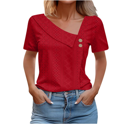 Summer V-neck Button Solid Color Loose Women's Short Sleeved T-shirts