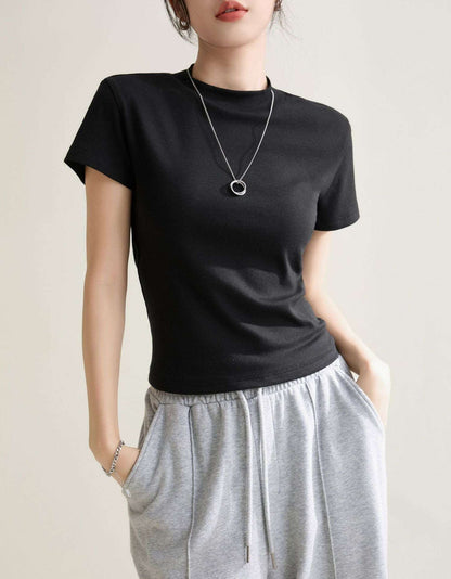 Elegant Slim-fit Solid Color Shoulder Round Neck Short Sleeve