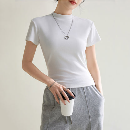 White Elegant Slim-fit Solid Color Shoulder Round Neck Short Sleeve