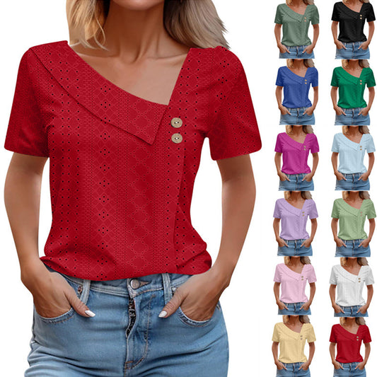 Summer V-neck Button Solid Color Loose Women's Short Sleeved T-shirts