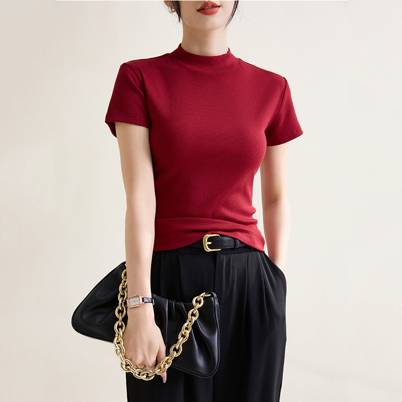 Red Color - Elegant Slim-fit Solid Color Shoulder Round Neck Short Sleeve