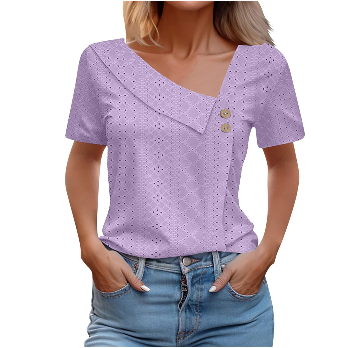 Summer V-neck Button Solid Color Loose Women's Short Sleeved T-shirts