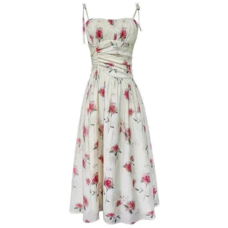 Floral Slip Dress Waist Slimming Seaside Vacation Mid-length Dress