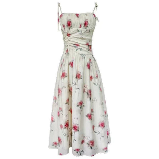 Floral Slip Dress Waist Slimming Seaside Vacation Mid-length Dress