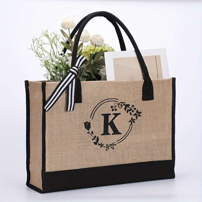 Large Capacity Portable Printing Initial Letter Jute Linen Shopping Bag