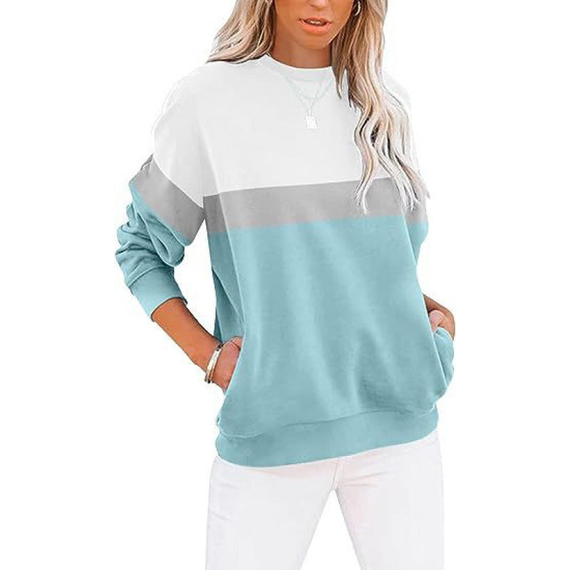 Women's Long Sleeve Color Matching Sports Sweater Round Neck Casual Pullover