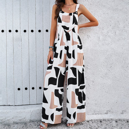 Fashion Print Square Neck Jumpsuit With Pockets Spring Summer Casual Loose Overalls