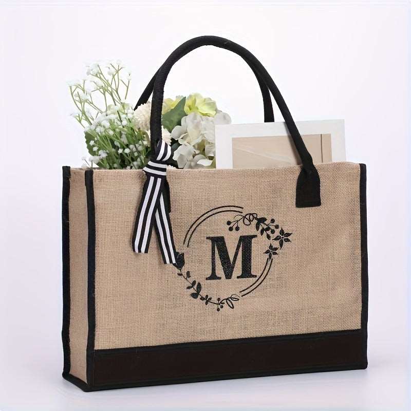 Large Capacity Portable Printing Initial Letter Jute Linen Shopping Bag