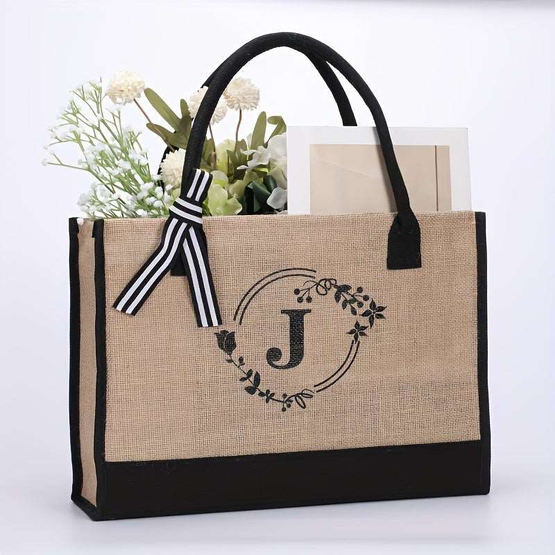 Large Capacity Portable Printing Initial Letter Jute Linen Shopping Bag