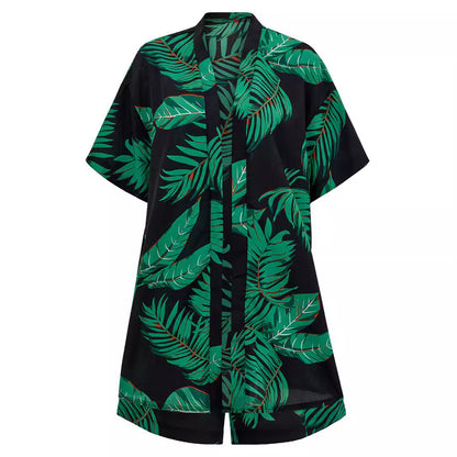 2pcs Casual Holiday Leaves Print Suit Summer Shirt Top And Shorts Sets