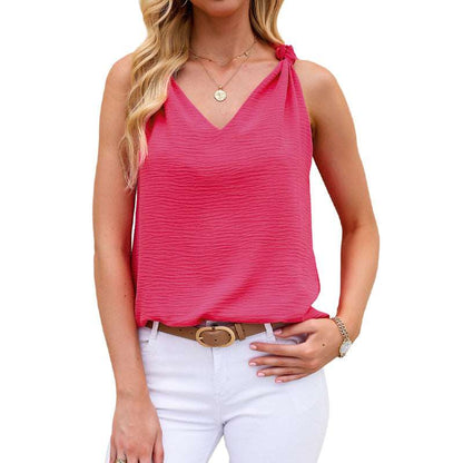 Pink Summer V-neck Knotted Shoulder Strap Top Sleeveless Vest 