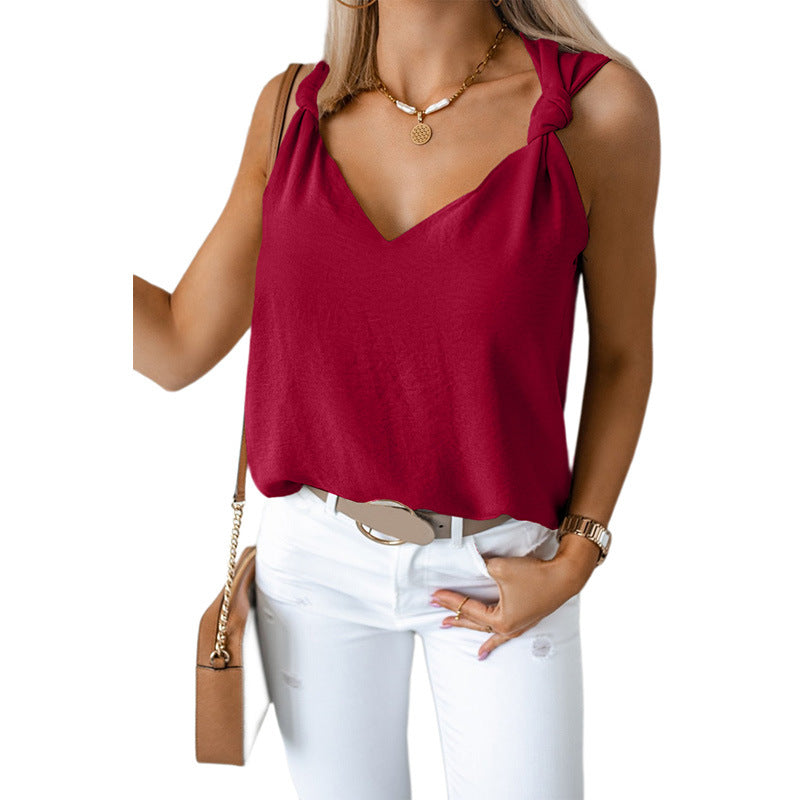 Creamy Red Summer V-neck Knotted Shoulder Strap Top Sleeveless Vest