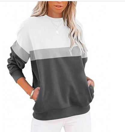 Women's Long Sleeve Color Matching Sports Sweater Round Neck Casual Pullover