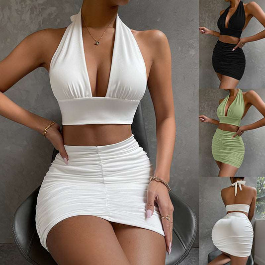 Skirt Dress For Women Halter Lace-up Top And Pleated Skirt - White