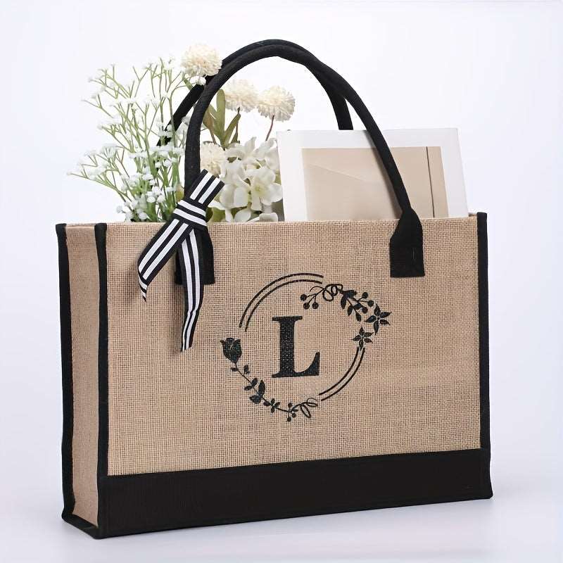 Large Capacity Portable Printing Initial Letter Jute Linen Shopping Bag