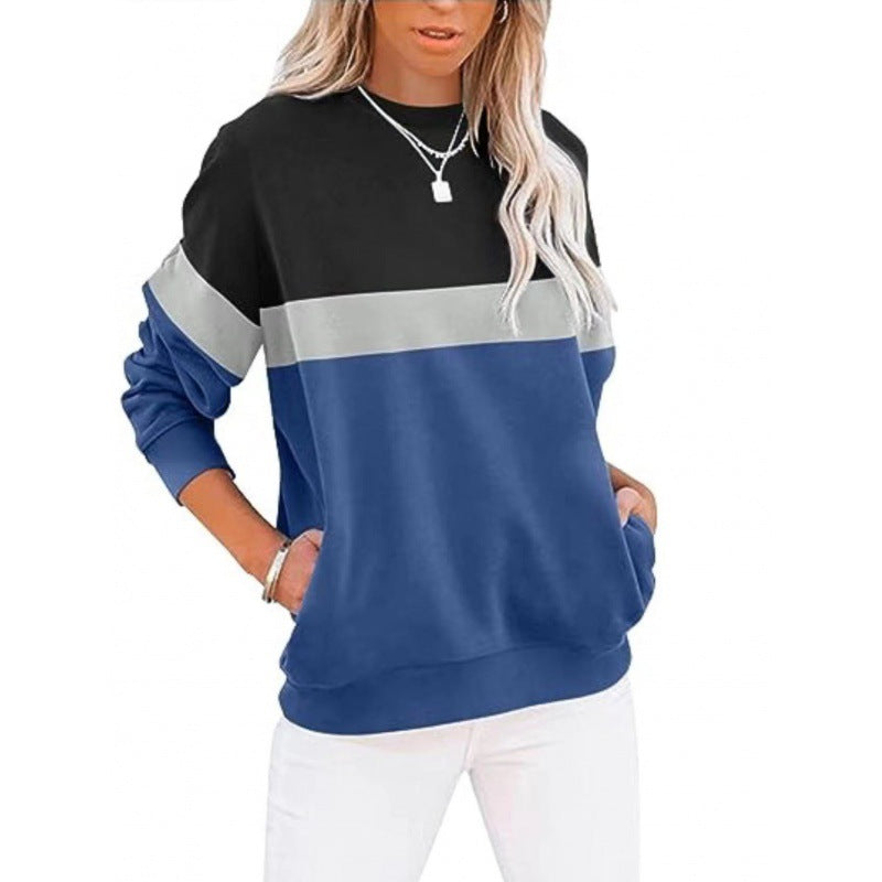 Women's Long Sleeve Color Matching Sports Sweater Round Neck Casual Pullover