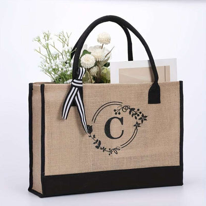 Large Capacity Portable Printing Initial Letter Jute Linen Shopping Bag