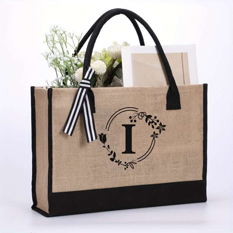 Large Capacity Portable Printing Initial Letter Jute Linen Shopping Bag