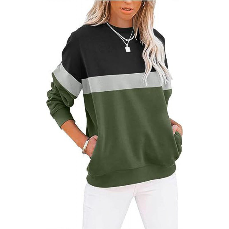 Women's Long Sleeve Color Matching Sports Sweater Round Neck Casual Pullover