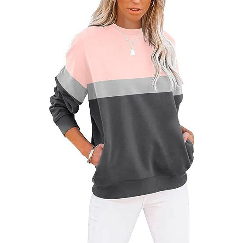 Women's Long Sleeve Color Matching Sports Sweater Round Neck Casual Pullover